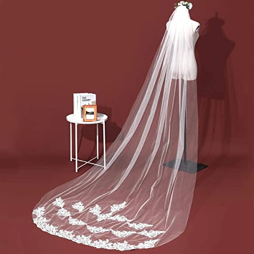 Image of SANNIDHI 3m Long Bridal Veil Wedding Veil for Bride White Lace Edge Long Cathedral Veil 1 Tier Drop Veil Bridal Tulle Hair Accessories