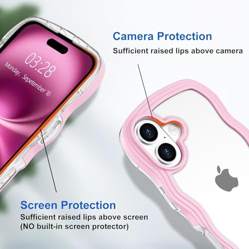Image of GoldKart iPhone 16 Case Wavy Edge Clear Back Design, Anti-Slip Grip Cute Wave Curly Frame Shape Shockproof Soft TPU & Hard PC Bumper Protective Phone Case Cover for Women Girls - Pink