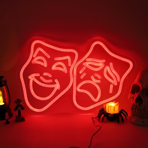 Image of Theater Mask Neon Sign for Home Theater Room Decor Comedy Tragedy Theater Masks Wall Art for Movie Classroom Room Decor Theater Masks lamp