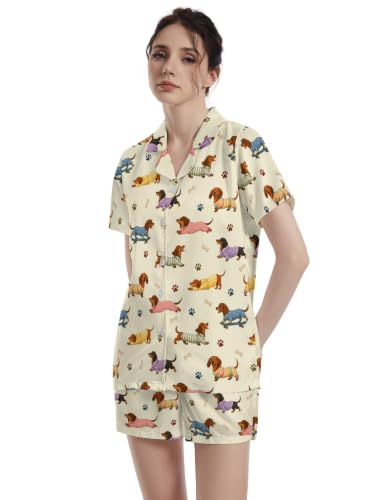 Image of Funny Pajamas for Women Set Print Satin Loungewear Pjs Short Sleeve Button Down Top and Shorts Sets Sleepwear XS-3XL