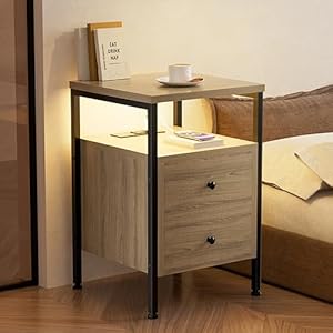 YILQQPER Nightstand with LED Light, Charging Station, 2 Deep Drawers & Shelves, Wood Night Stand Bed Side End Table for Bedroom & Living Room, Rustic Grey