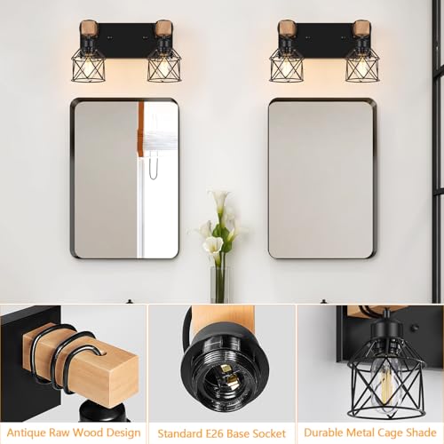 Image of FadimiKoo 2-Light Farmhouse Bathroom Vanity Light Fixtures, Wood Bathroom Lighting Over Mirror, Black Rustic Sconces Wall Lighting with Metal Lampshade for Living Room, Bedroom, Hallway