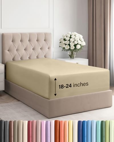Image of Deep Twin XL Fitted Sheet - College Dorm Room Essentials - Beige | Easily Fits 18 inch to 24 inch Mattress, Wrinkle Resistant, Soft, Breathable & Comfy, Extra Deep Pockets Fitted Sheet