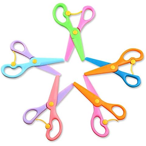 PECULA 5 Pack Toddler Scissors, Safety Scissors For Kids, Plastic Children Safety Scissors, Dual-Colour Preschool Training Scissors For Cutting Tools Paper Craft Supplies Cover