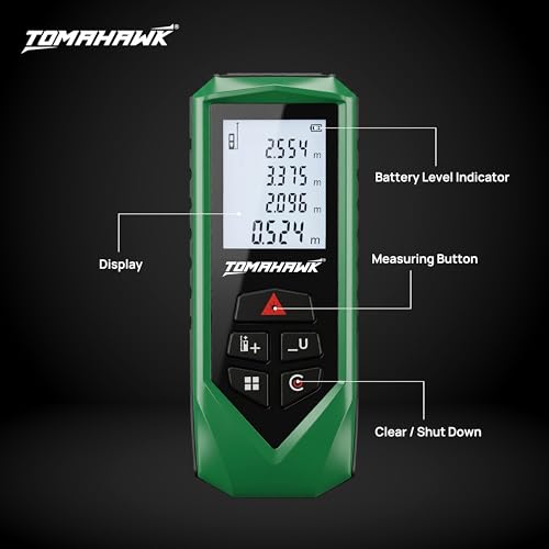 Image of TOMAHAWK TGR 060 Laser Distance Meter Measurer 196Ft /60M with Area, Volume and Pythagoras Measurement - Water and Dust Resistant Laser Measuring Device with Backlit LCD, Battery Included