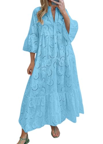 chouyatou Damen Maxikleid 2024 Spitze Ösen Stickerei V-Ausschnitt Trompetenärmel Boho Flowy Swing Kleid, Blau, X-Klein