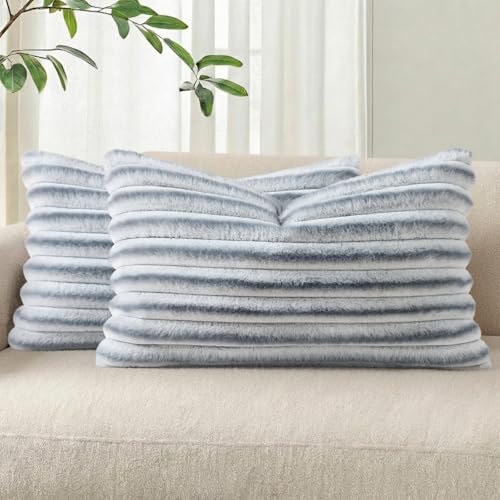 Image of Pallene Faux Fur Plush Lumbar Throw Pillow Covers 12x20 Set of 2, Luxury Soft Fluffy Striped Decorative Pillow Covers for Sofa, Couch, Living Room, Ombre Grey