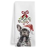 XNXLDYLH Christmas French Bulldog Kitchen Towels, French Bulldog Gifts for Women, Frenchie Christmas Decorations, Mistletoe Decor Dish Hand Tea Towels for Bathroom Kitchen, 16x24 Inch