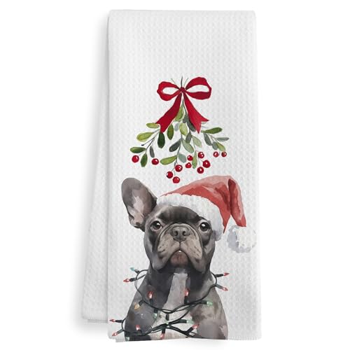 XNXLDYLH Christmas French Bulldog Kitchen Towels, French Bulldog Gifts for Women, Frenchie Christmas Decorations, Mistletoe Decor Dish Hand Tea Towels for Bathroom Kitchen, 16x24 Inch