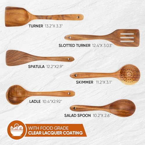 Image of EZuncle 6 Piece Wooden Cooking Spoon Set - Ideal for Non-Stick Pans, Heat Resistant Solid Wood, Smooth Teak Cutlery for a Comfortable Grip - Lightweight and Durable - Easy to Clean(6 PCS Large)
