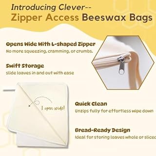 Wide Zipper Access Cotton & Beeswax Bread Bags for Sourdough, XL Reusable Beeswax Food Storage Bags with Zipper, Portable Cotton Food Storage Bag for Home Bakers to Keep Fresh
