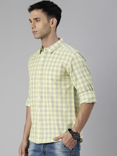 Image of JOVEN Men Slim Fit Pure Cotton Brown and Dark Green Casual Checked Shirt
