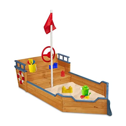 Relaxdays Arenero Niños Barco, Cajón de Arena Pirata, Banco, Jardín, 136 x 200 x 95 cm, Kit-Arenero Madera, Multicolor