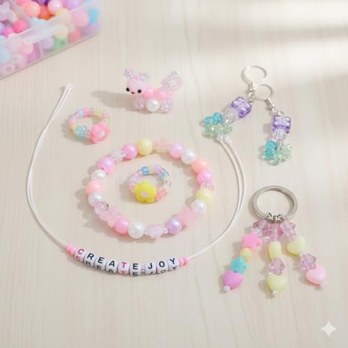 Image of Ambitieux DIY Bracelet Making Kit for Girls - 12 Types 340+ pcs Colorful Beads with 8 pcs Charms, Elastic Thread, Earrings, Clasps & Rings - Jewellery Craft Kit for Kids, Birthday Return Gift, Rakhi Special Set for 2 3 4 5 6 7 8 9 10 years (Pink shade kit)