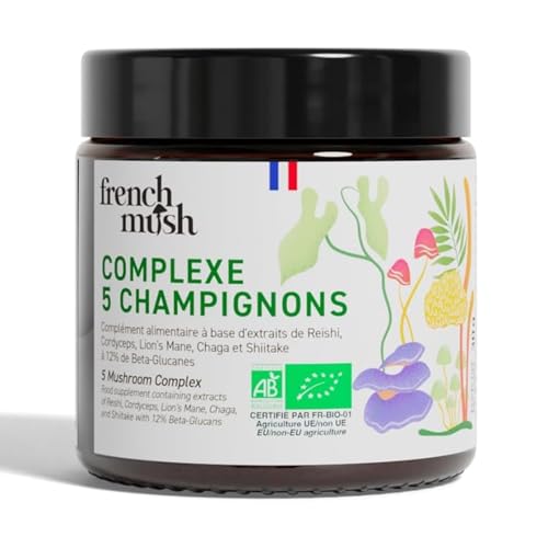 Mush Complejo 5 hongos orgánicos en polvo vegano - Leon's Mane, Reishi, Cordyceps, Shiitake, Chaga - Digestión, Bienestar - 1 gramo por día - Probado en laboratorio - Fabricado en Francia