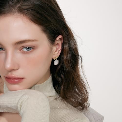 FarF&ME Pearl Earrings for Women - 18K Gold Plated Statement Baroque Pearl Dangle earrings, Lightweight Elegant Bow Drop Earrings For Wedding, Bridal, Beach.3
