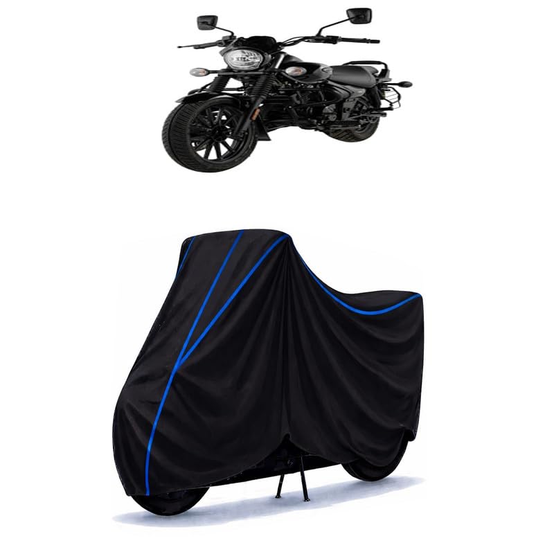 Image of Bajaj Avenger Street 220 Bike Cover Water Resistant Universal Motorcycle Rain | Heavy Duty UV Protection, Dust, Scratch Indoor Outdoor All Weather with Black Blue Piping Elastic