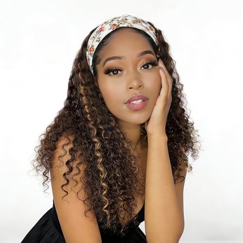 Image of XSY Deep Wave Headband Wig Human Hair Highlight Ombre Headband Wigs for Black Women Curly Headband Wig 4 /27# 150% Density 14 Inch