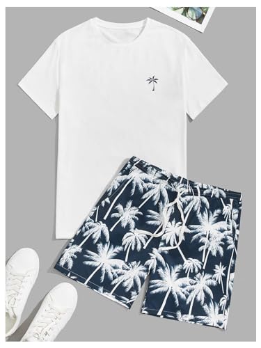 WDIRARA Men's Tropical Print Two Piece Drawstring Beach Shorts Set4