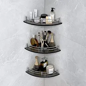 Primax Premium Black Glass Polished, Mirrored Corner Wall Storage Shelf for Bathroom (9x9 Inches) - Pack of 3