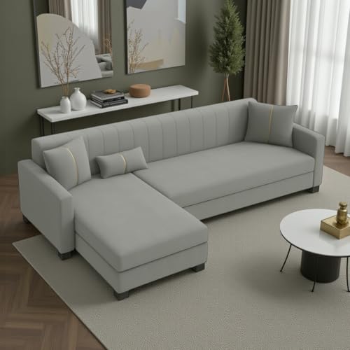 Image of SOCOZI Almeria 5 Seater LHS L Shape Sofa Set | Soft Velvet Suede Fabric | Modern Design | Plush Comfort Cushions for Living Room (Light Grey)