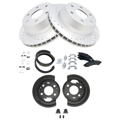 Image of TRQ Performance Rear Brake Pad & Rotor Set Semi Metallic Coated Drilled for 02-03 Cadillac Escalade 02-06 Chevrolet Silverado GMC Sierra 1500 03 Avalanche Suburban Tahoe Yukon Yukon XL 1500