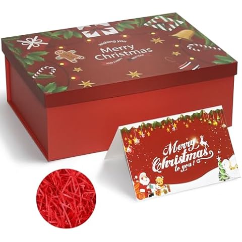 Eerbaier Christmas Gift Box - 11.3x8.2x4.1 Inches Christmas Box with Lid - Large Gift Box with Paper Fill and Greeting Card (Red) Cover