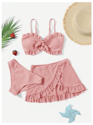Image of SHENHE Girl's 3 Piece Cute High Waisted Ruffle Trim Swimsuit Bikini Sets with Beach Skirt