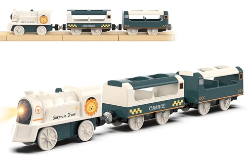 Image of Battery Powered Train Set for Railway System, Electric Train Toys for Wooden Tracks, 3Pcs Motorized Locomotive Trains for Toddlers Compatible with Thomas & Friends, Brio, Chuggington