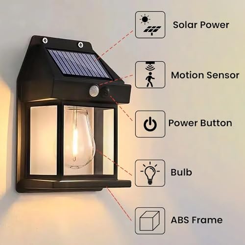 Image of LED Solar Wall Lights with Motion Sensor Auto Chargeable Exterior LED Sconce Front Porch Security Lamps | Waterproof Single Bulb Wireless Sconce Exterior Wall Lamps for Garden, Balcony