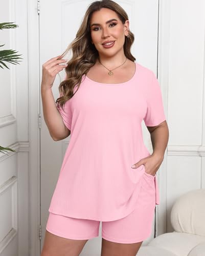 Image of Womens Plus Size Pajama Sets 2 Piece Summer Outfits Short Sleeve Tops Shorts with Pockets for Lounge Sleepwear