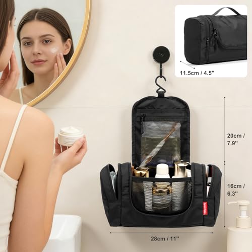 Image of Hanging Toiletry Bag for Men and Women - Water Resistant Nylon Travel Cosmetic Dopp Kit with Multiple Compartments for Toiletries, Grooming Essentials, Makeup and Shaving Gear, Black