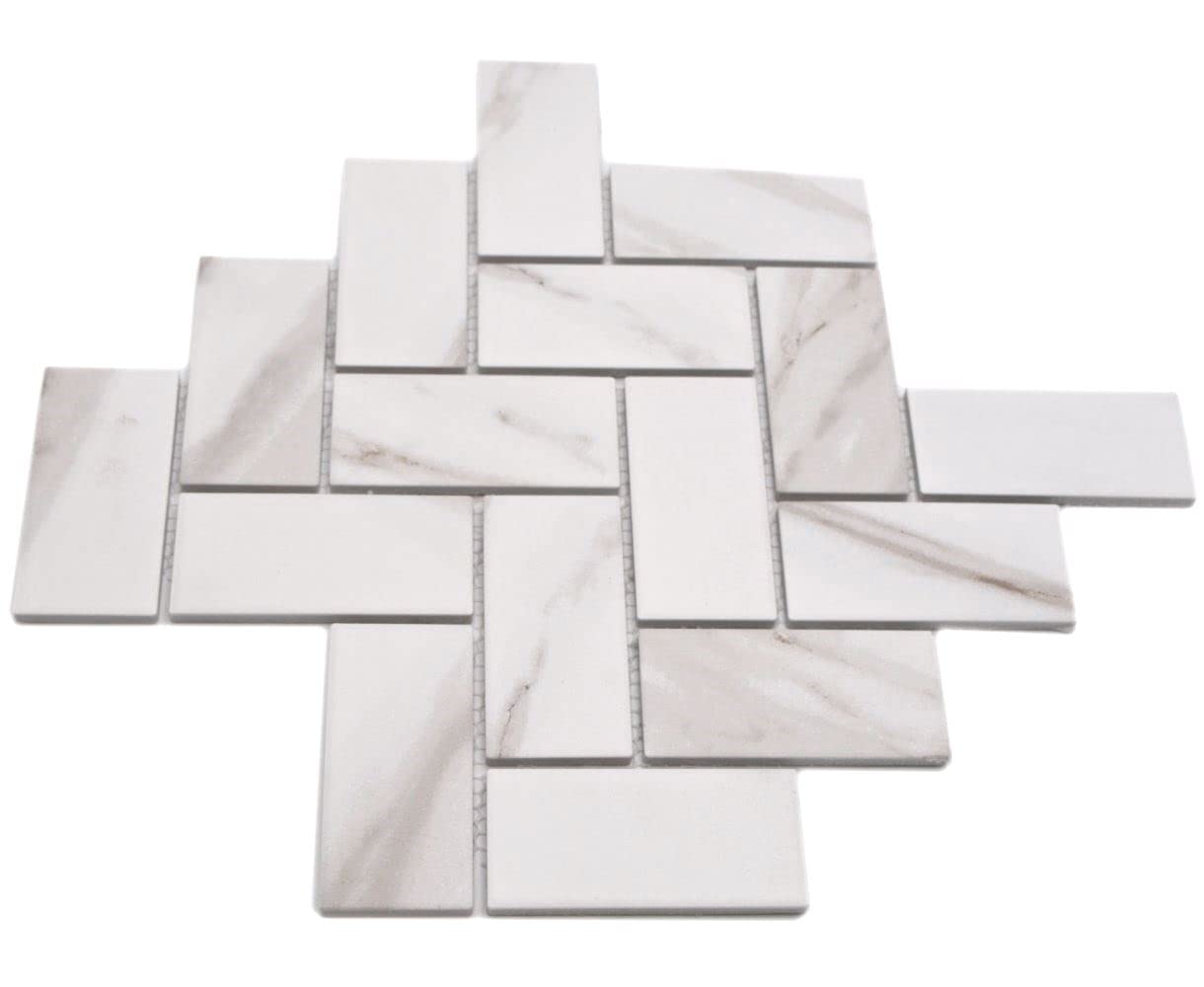 Azulejo de mosaico de cerámica Calacatta en espiga, color blanco, marrón grisáceo, mate, pared de ducha, 10 alfombrillas de mosaico
