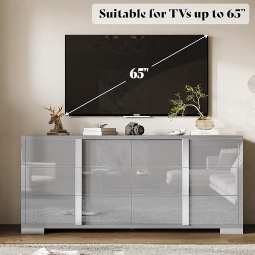 Image of AMERLIFE 54 inch W High Gloss 6 Drawers Dressers with Silver Grooved Handles, Modern Storage Chest of Drawers with Wide Tabletop, for Bedroom /Dressing Room /Living Room, Grey