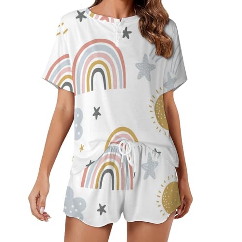 Ensemble pyjama femme court arc-en-ciel vêtement de nuit été sleepwear fluide