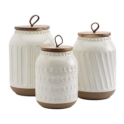 Comparison: Best Canister Sets For Kitchen 2 TTU Tabletops Gallery Ceramic Canister Collection- Stoneware Designed Kitchen Storage Embossed Acacia Wood White Set, 3 Piece Embossed Ziggy White Canister Set