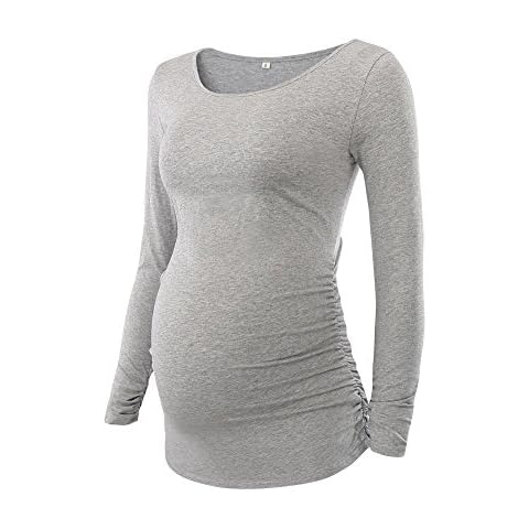 Women's Maternity Ruched Tunic Tops Mama Clothes Long Sleeve Scoop Neck Pregnancy T-shirt - Grey Cover