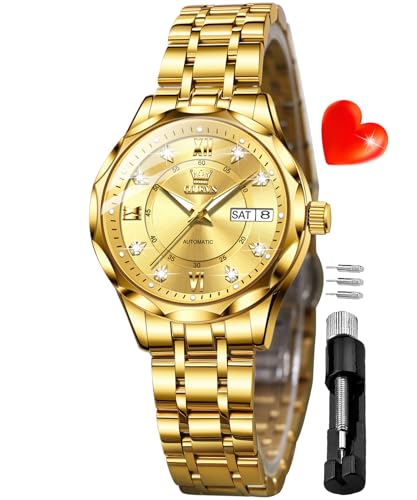Image of OLEVS Womens Diamond Watches Automatic Mechanical Gold Luxury Dress Ladies Self Winding Original Stainless Steel Wrist Watch