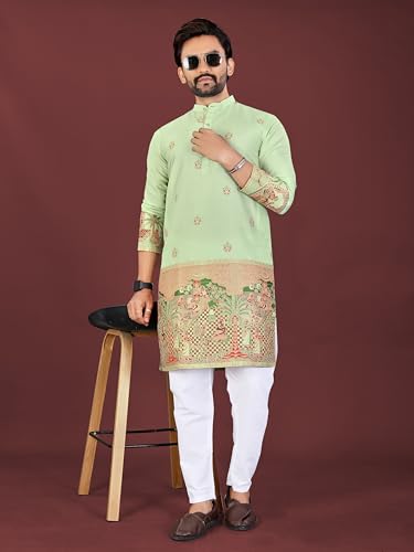Image of Men's Cotton Silk Kurta with Jacquard Work Full Sleeves Floral Printed Side Slit and Mandarin Collar Neck | Kurta Pajama Set for Men Cotton Wedding | Short Kurta for Men