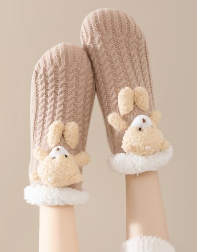 Image of Cute Slipper Socks for Women, Winter Warm Floor Fuzzy Socks, Cozy Sherpa Slipper Socks, House Sleeping Socks