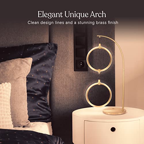 Brightech Nova Modern Table Lamp - Contemporary Arc Desk Lamp With 2-Circle Ring-Style Pendant - Alexa Compatible Nightstand Beside The Couch Lamp With Arching Pole Matches Living Room Décor - Brass #TOP1