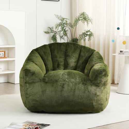 Image of Bean Bag Chair with Arms for Adults - Furry Lazy Sofa, Armrests Stuffed High-Density Foam Filler Chair, Small Cozy Reading in Bedroom Living Room and Dorms (Green)