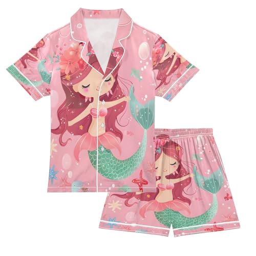 ALAZA Mermaid with Wreath Starfish Satin Pajamas Set Short Sleeve Button Down Sleepwear Summer Pjs 2 Piece