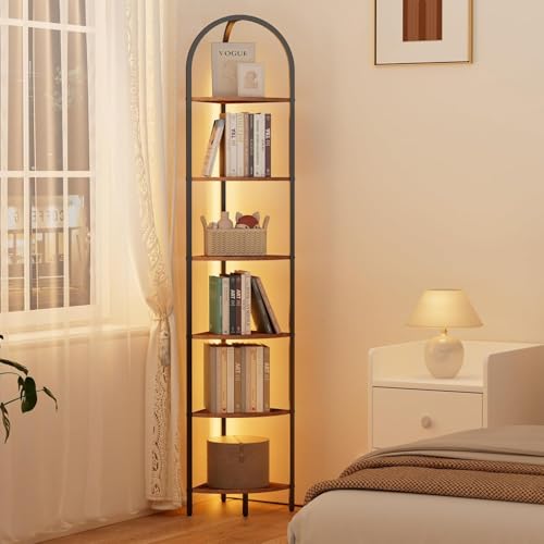 Estantería Esquinera de 6 Niveles, Librería de Esquinera con Luz LED, Estante de Esquina de Almacenamiento para Esquina de Pared, Estantería para Oficina, Salón, Dormitorio,...