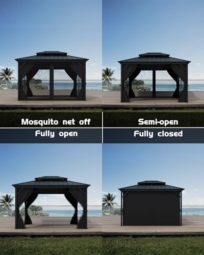 Hardtop Gazebo 10'x12' for All Weather, with Waterproof Double Metal Roof, Aluminum Alloy Frame, Net, and Curtain, Permanent Building for Patio, Deck, Backyard, Lawn, and Garden, Gray