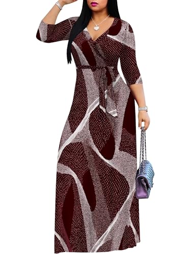 Image of Plus Size Dresses for Women Print Maxi Dresses 3 /4 Sleeve with Belt