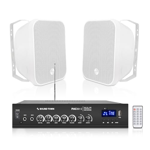 Sound Town Commercial Restaurant Bluetooth Amplifier + Surface-Mount Speaker Set, with One 2-Zone 70V/100V Amplifier with Bluetooth, 2 x 5.25-Inch Surface-Mount Speakers, White (PAC80X2MS5W)