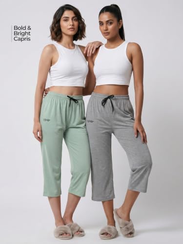 Image of Fflirtygo Women's Cotton Plain Calf Length Capri | Nightwear Short Pyjama | 3 /4th Solid Pyjama Pant | Regular Fit Casual & Lounge Wear Capri Combo (Pack of 2)
