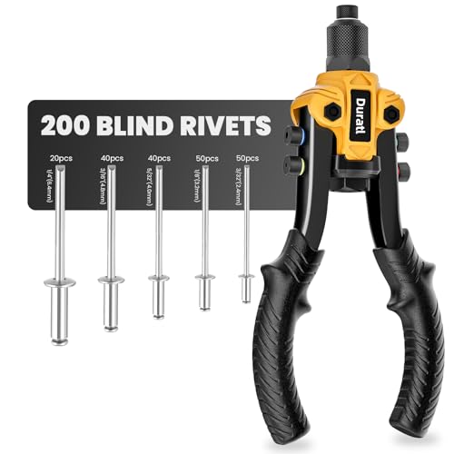 Duratl Rivet Gun, 1/4 Pop Rivet Gun Kit with 200 Blind Rivets, 5 Interchangeable Rivet Heads (3/32', 1/8', 5/32', 3/16', 1/4'), Heavy Duty Hand Riveter Tool for Metal, Gutter & Automotive