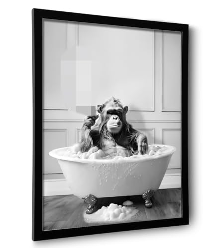 Framed Bathroom Decor Wall Art, Chimpanzee in Bathtub, Black and White Wall Art, Funny Bathroom Wall Decor Signs, Cute Animal Art Home Decor (Framed,8''x10'')
